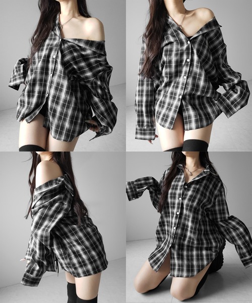 me+em select（ミームセレクト）の「※※【 ２color 】ビッグシルエットブラックシアーチェックシャツ ／ big silhouette black sheer check shirt（シャツ/ブラウス・レディース・ホワイト/ブラック・FREE）」の3枚目の写真