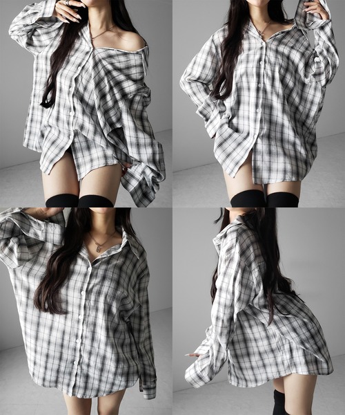 me+em select（ミームセレクト）の「※※【 ２color 】ビッグシルエットブラックシアーチェックシャツ ／ big silhouette black sheer check shirt（シャツ/ブラウス・レディース・ホワイト/ブラック・FREE）」の4枚目の写真