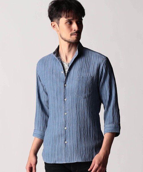NICOLE CLUB FOR MEN(ニコルクラブフォーメン)の「カラープリーツ7分袖スタンドカラーシャツ(シャツ/ブラウス・メンズ・ライトグリーン/オレンジ/ネイビー・L/M/XL)」の1枚目の写真