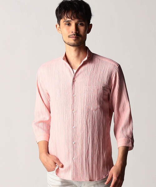 NICOLE CLUB FOR MEN(ニコルクラブフォーメン)の「カラープリーツ7分袖スタンドカラーシャツ(シャツ/ブラウス・メンズ・ライトグリーン/オレンジ/ネイビー/ピンク・L/M/XL)」の4枚目の写真