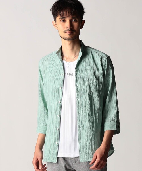 NICOLE CLUB FOR MEN(ニコルクラブフォーメン)の「カラープリーツ7分袖スタンドカラーシャツ(シャツ/ブラウス・メンズ・ライトグリーン/オレンジ/ネイビー・L/M/XL)」の2枚目の写真