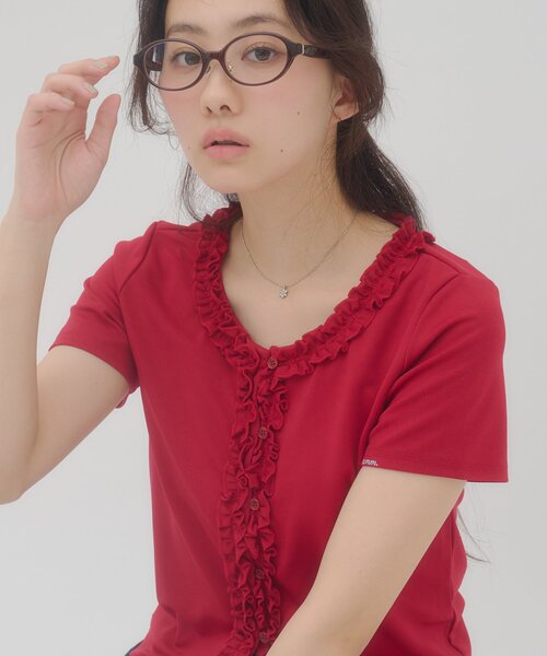 DISCOAT（ディスコート）の「【umm.】前立てフリルカーディガン（Tシャツ/カットソー・レディース・ネイビー/サックスブルー/レッド/アイボリー・FREE）」の4枚目の写真