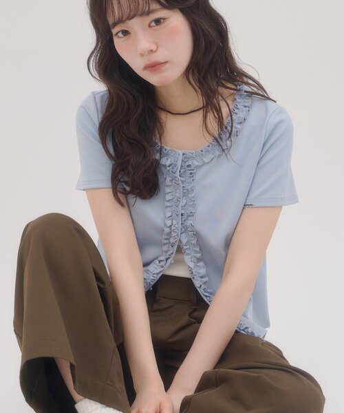 DISCOAT（ディスコート）の「【umm.】前立てフリルカーディガン（Tシャツ/カットソー・レディース・ネイビー/サックスブルー/レッド/アイボリー・FREE）」の3枚目の写真