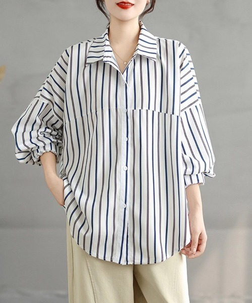 ONEP STAR(ワンピスター)の「ストライプオーバーサイズシャツ(シャツ/ブラウス・レディース・ホワイト・MEDIUM/LARGE/X-LARGE)」の2枚目の写真