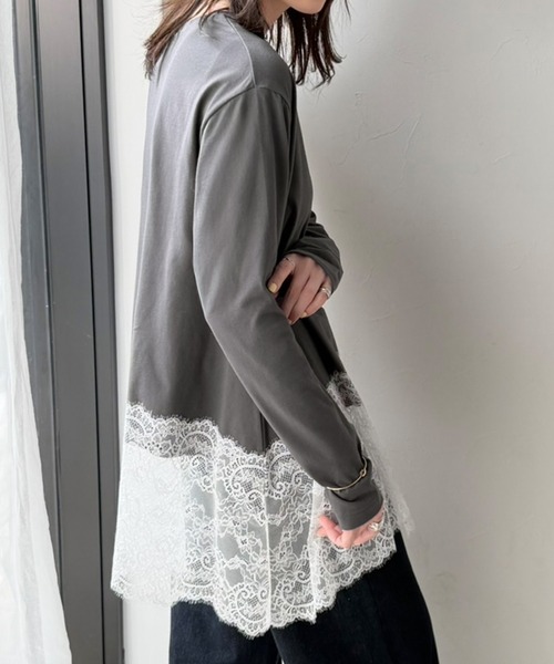 classicalelf(クラシカルエルフ)の「大人のきれいめカジュアル、体型も美しくカバー。親子お揃いOK♪裾レースカットソードッキングTシャツ(長袖)(Tシャツ/カットソー・レディース・チャコール/オフホワイト/ブラック・MEDIUM/LARGE/X-LARGE/SMALL)」の6枚目の写真