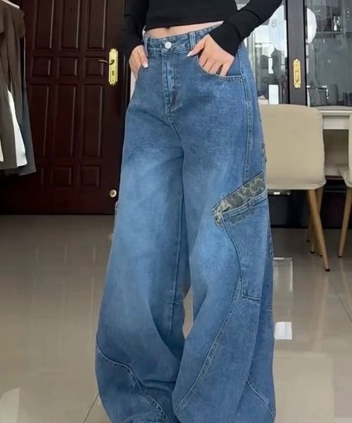 Songe(ソンジュ)の「レオパード柄アクセントポケットデニムカーブパンツ(デニムパンツ・レディース・ブラック/ブルー・M/L)」の8枚目の写真