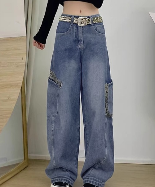 Songe(ソンジュ)の「レオパード柄アクセントポケットデニムカーブパンツ(デニムパンツ・レディース・ブラック/ブルー・M/L)」の10枚目の写真