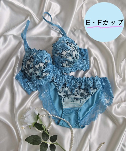【EFサイズ/美谷間＆丸胸を叶える！ナチュ盛りメイクブラ♪】上下セット/フェミニン/脇高ビビットフラワー刺繍