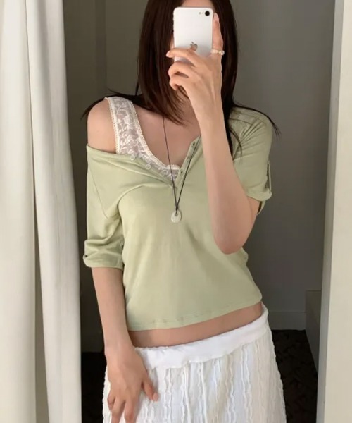 LOENNE(ロエヌ)の「Henley Neck Loose Tee / ヘンリーネックルーズTシャツ(Tシャツ/カットソー・レディース・ホワイト/ライトグリーン/グレー・FREE)」の21枚目の写真