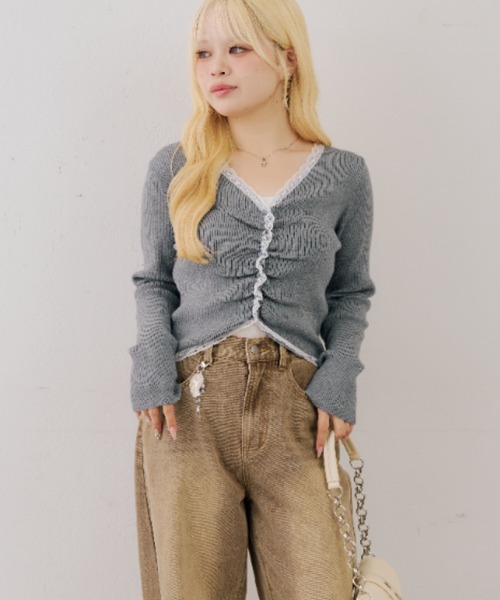 Another Branch olive des olive(アナザーブランチオリーブデオリーブ)の「フロントギャザーレーストリムカーディガン(カーディガン/ボレロ・レディース・グレー/ボルドー/ブラック/アイボリー・FREE)」の10枚目の写真