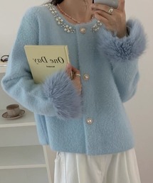 ビジュー＆ファー使いで華やかに♪シャギーニットコート カーディガン アウター