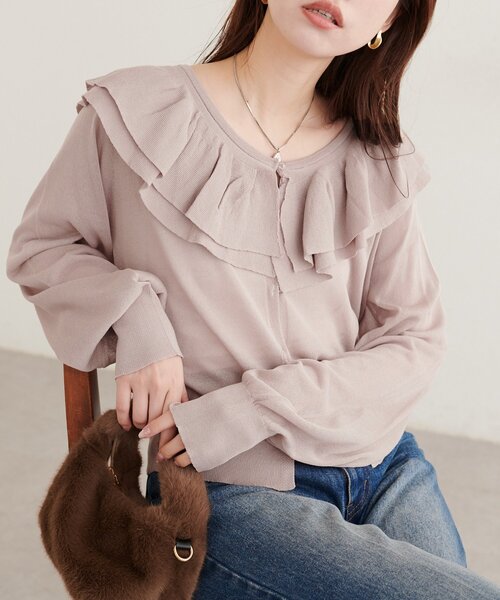 natural couture(ナチュラルクチュール)の「フリルカラーカーディガン(カーディガン/ボレロ・レディース・アイボリー/ブラック/ボルドー/グレイッシュベージュ/ブラウン・FREE)」の4枚目の写真