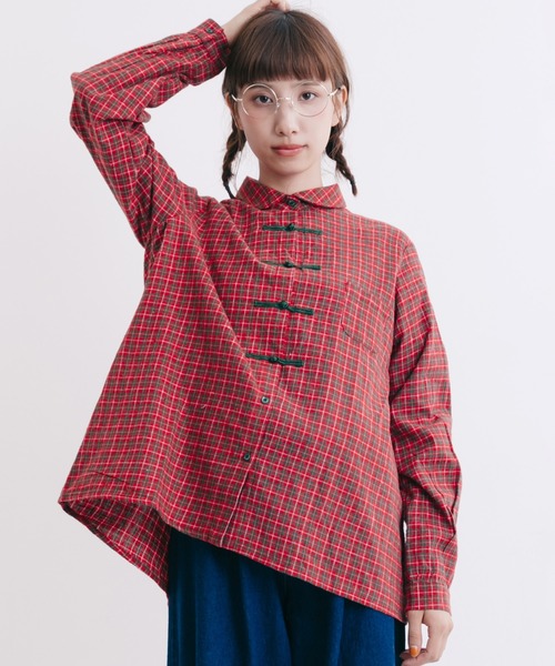 MERLOT（メルロー）の「チェック柄チャイナボタンコットンネルシャツブラウス2340（シャツ/ブラウス・レディース・ブラック/グリーン/レッド・FREE）」の3枚目の写真