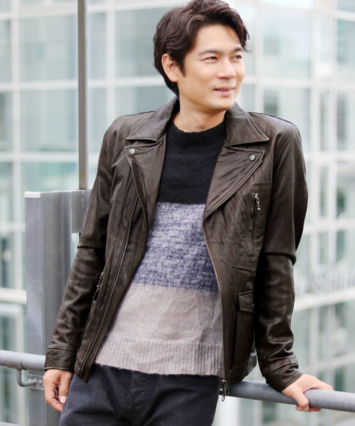 sankyo shokai(サンキョウショウカイ)の「ラムレザーライダースジャケット(ライダースジャケット・メンズ・ダークブラウン/ブラック・L)」の2枚目の写真