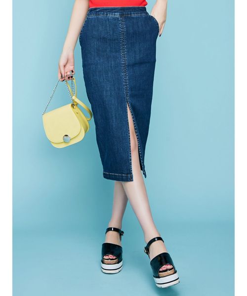 dazzlin(ダズリン)の「デニムスリットナロースカート(デニムスカート・レディース・ネイビー/インディゴブルー・MEDIUM/SMALL)」の2枚目の写真