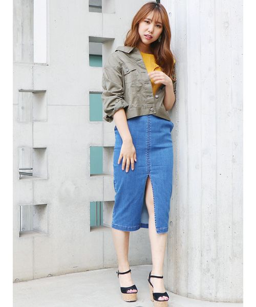 dazzlin(ダズリン)の「デニムスリットナロースカート(デニムスカート・レディース・ネイビー/インディゴブルー・MEDIUM/SMALL)」の6枚目の写真