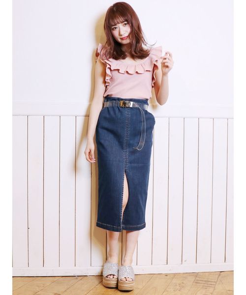 dazzlin(ダズリン)の「デニムスリットナロースカート(デニムスカート・レディース・ネイビー/インディゴブルー・MEDIUM/SMALL)」の13枚目の写真