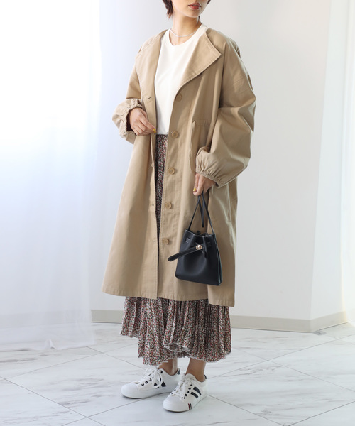 classicalelf（クラシカルエルフ）の「ノーカラーロング丈コットンスプリングコート（長袖・ロング丈）（トレンチコート・レディース・ブラック/ベージュ/カーキ/ピンクベージュ・SMALL/MEDIUM/LARGE）」の16枚目の写真