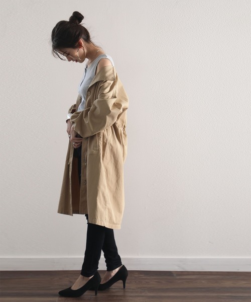 classicalelf（クラシカルエルフ）の「ノーカラーロング丈コットンスプリングコート（長袖・ロング丈）（トレンチコート・レディース・ブラック/ベージュ/カーキ/ピンクベージュ・SMALL/MEDIUM/LARGE）」の19枚目の写真