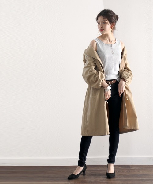 classicalelf（クラシカルエルフ）の「ノーカラーロング丈コットンスプリングコート（長袖・ロング丈）（トレンチコート・レディース・ブラック/ベージュ/カーキ/ピンクベージュ・SMALL/MEDIUM/LARGE）」の17枚目の写真