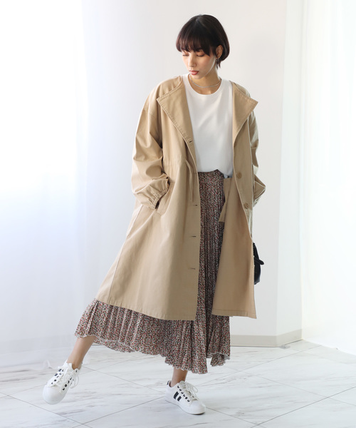 classicalelf（クラシカルエルフ）の「ノーカラーロング丈コットンスプリングコート（長袖・ロング丈）（トレンチコート・レディース・ブラック/ベージュ/カーキ/ピンクベージュ・SMALL/MEDIUM/LARGE）」の14枚目の写真