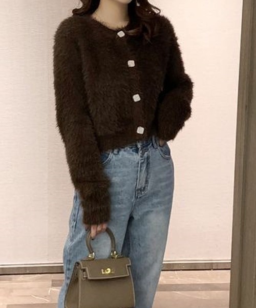 meJane(ミージェーン)の「フロントビジューボタンシャギーニットカーディガン【ZOZOTOWN限定】(カーディガン/ボレロ・レディース・ホワイト/ブラック/ブラウン/ダークブルー・FREE)」の14枚目の写真