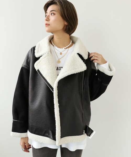 Simplicite（サンプリシテ）の「B3ボアライダースブルゾン◆（ミリタリージャケット・レディース・ブラック/ブラウン・FREE）」の3枚目の写真