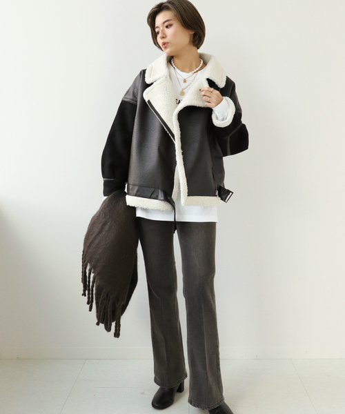 Simplicite（サンプリシテ）の「B3ボアライダースブルゾン◆（ミリタリージャケット・レディース・ブラック/ブラウン・FREE）」の4枚目の写真