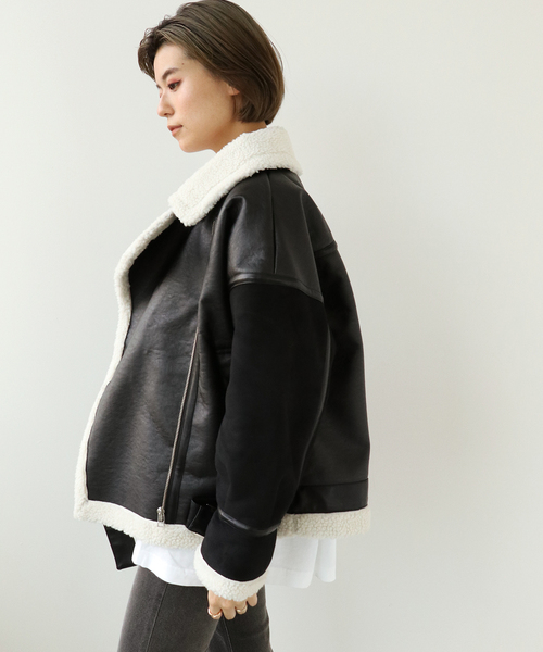 Simplicite（サンプリシテ）の「B3ボアライダースブルゾン◆（ミリタリージャケット・レディース・ブラック/ブラウン・FREE）」の5枚目の写真