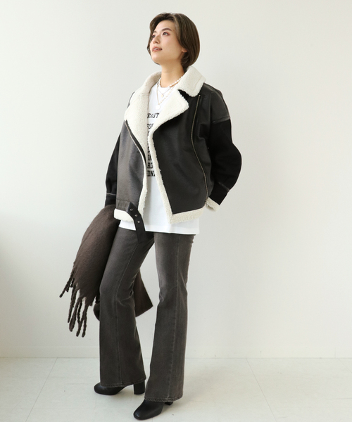 Simplicite（サンプリシテ）の「B3ボアライダースブルゾン◆（ミリタリージャケット・レディース・ブラック/ブラウン・FREE）」の6枚目の写真