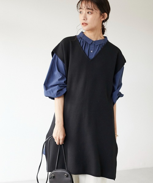 CRAFT STANDARD BOUTIQUE(クラフトスタンダードブティック)の「とてもちジレニットワンピース *◇(ベスト・レディース・ブラック/ブラウン/カーキ/キャメル・FREE)」の2枚目の写真