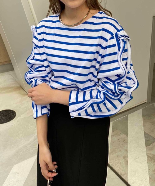 CAPRICIEUX LE'MAGE(カプリシューレマージュ)の「ボーダーフリル袖Tシャツ(Tシャツ/カットソー・レディース・ブラック/ベージュ/ブルー・FREE)」の3枚目の写真