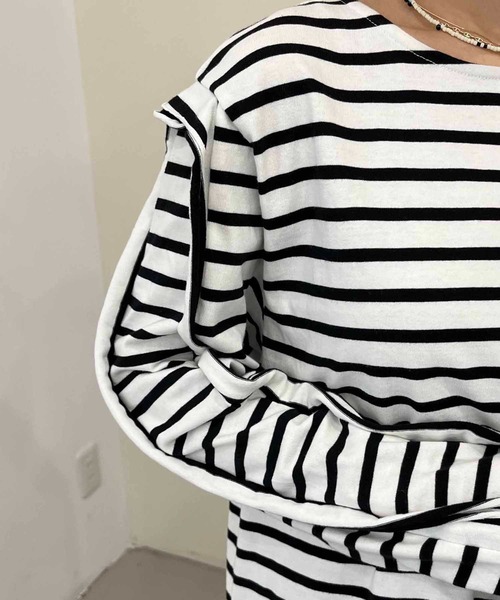 CAPRICIEUX LE'MAGE(カプリシューレマージュ)の「ボーダーフリル袖Tシャツ(Tシャツ/カットソー・レディース・ブラック/ベージュ/ブルー・FREE)」の11枚目の写真