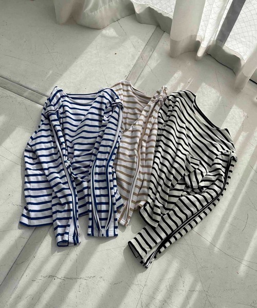 CAPRICIEUX LE'MAGE(カプリシューレマージュ)の「ボーダーフリル袖Tシャツ(Tシャツ/カットソー・レディース・ブラック/ベージュ/ブルー・FREE)」の12枚目の写真