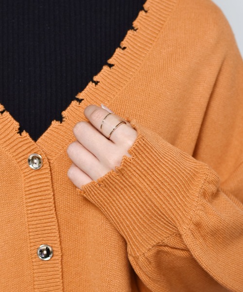 RETRO GIRL（レトロガール）の「カラーダメージニットカーデ（カーディガン/ボレロ・レディース・ブラック/オフホワイト/ピンク/オレンジ/ブルー/グリーン・FREE）」の9枚目の写真