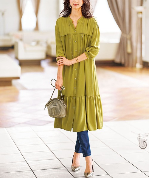 BELLUNA PLUS（ベルーナ）の「ティアードデザインフレアーワンピース（ワンピース・レディース・ラベンダー/イエロー/チャコール/ドット・MEDIUM/X-LARGE/LARGE）」の13枚目の写真