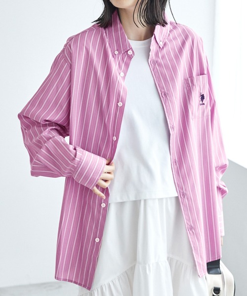 U.S. POLO ASSN.（ユーエスポロアッスン）の「U.S. POLO ASSN. / ユーエスポロアッスン 別注 ビッグシルエット ロゴ刺繍 L/S ボタンダウン オックスフォード / ブロード シャツ（シャツ/ブラウス・レディース・ブラック/グレー/ネイビー/ブルー/ブルー系その他/ストライプ/ホワイト/グリーン/ピンク/ブルー系その他2/チャコール・M/L/XL）」の10枚目の写真