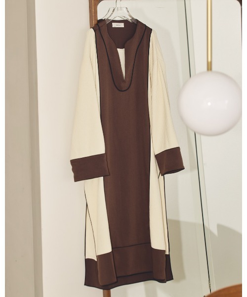 トゥデイフル☆カフタンリブドレス Vネック スリット バイカラー S  