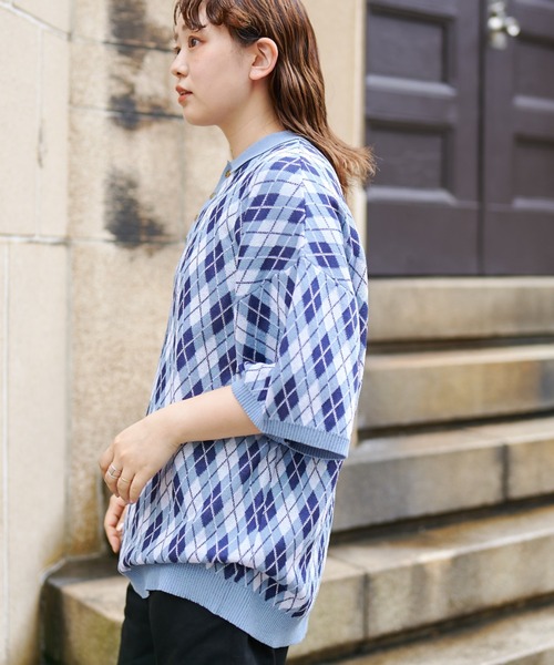 CPCM（シーピーシーエム）の「アーガイル半袖ニットポロ（ポロシャツ・メンズ・サックスブルー/グリーン/グレー・LARGE/MEDIUM）」の12枚目の写真