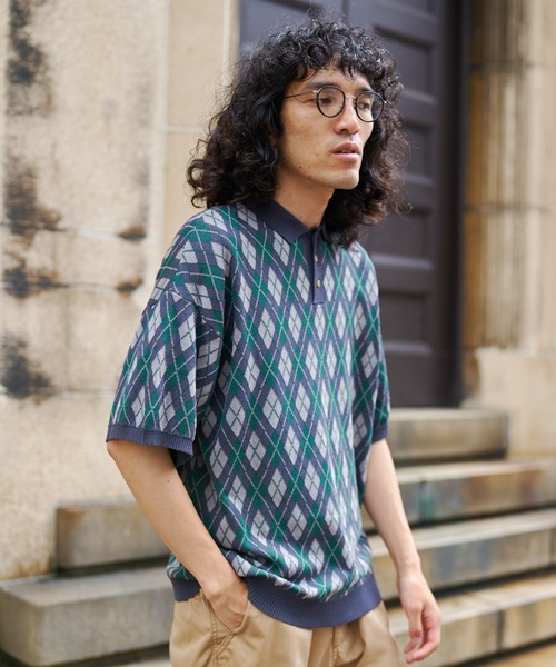 CPCM（シーピーシーエム）の「アーガイル半袖ニットポロ（ポロシャツ・メンズ・サックスブルー/グリーン/グレー・LARGE/MEDIUM）」の17枚目の写真