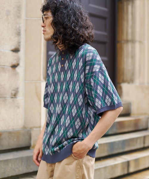 CPCM（シーピーシーエム）の「アーガイル半袖ニットポロ（ポロシャツ・メンズ・サックスブルー/グリーン/グレー・LARGE/MEDIUM）」の19枚目の写真