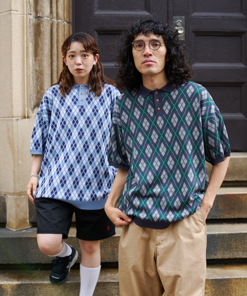 CPCM（シーピーシーエム）の「アーガイル半袖ニットポロ（ポロシャツ・メンズ・サックスブルー/グリーン/グレー・LARGE/MEDIUM）」の5枚目の写真