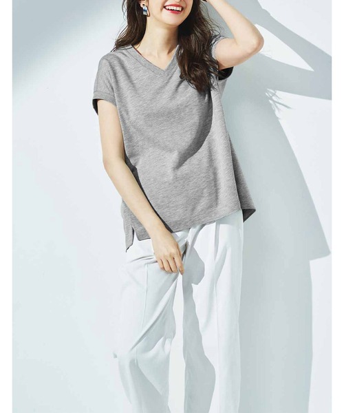 IEDIT(イディット)の「IEDIT 接触冷感・UVケア素材がうれしいやや長め丈のフレンチスリーブボンディングカットソートップス(Tシャツ/カットソー・レディース・ライトグレー/ネイビー/ブラック・MEDIUM/X-LARGE/LARGE/XX-LARGE/SMALL/XXX-LARGE)」の4枚目の写真