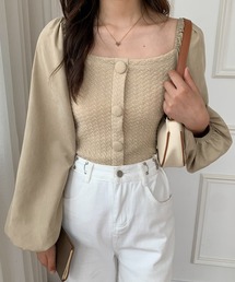 異素材ドッキング袖ボリュームジャガードブラウス