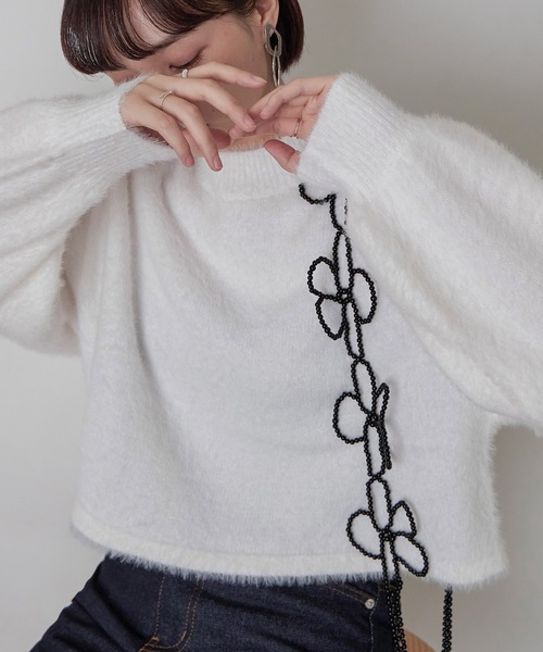 Fashion Letter（ファッションレター）の「シャギーヤーンショートプルオーバー（ニット/セーター・レディース・アイボリー/グレイッシュベージュ/グリーン/パープル/ブラック・M）」の2枚目の写真