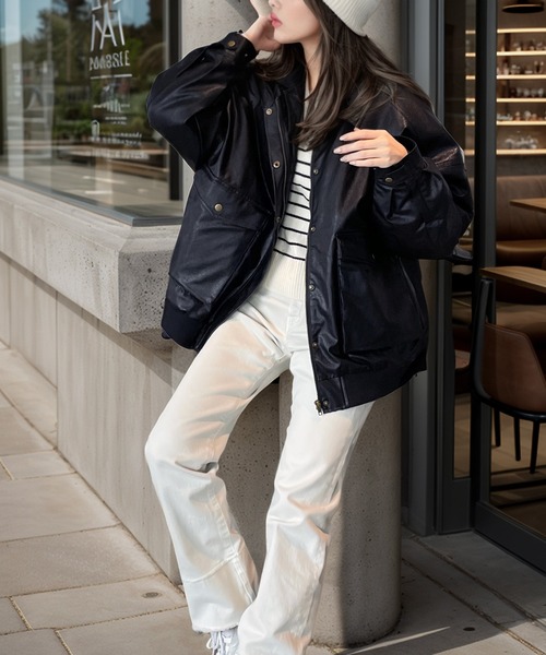 セール】《JaVaジャバ コラボ》フェイク レザー ブルゾンポケット付き
