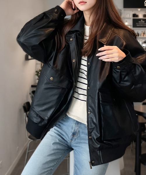 セール】《JaVaジャバ コラボ》フェイク レザー ブルゾンポケット付き