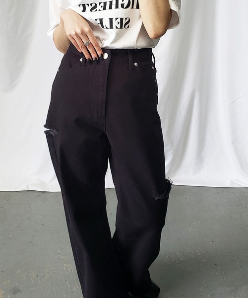 me+em select（ミームセレクト）の「【 ３色展開 】カットアウトサイドスリットワイドデニム（デニムパンツ・レディース・アイボリー/ブルー/ブラック・MEDIUM）」の6枚目の写真