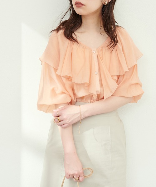 Vあきフリルシアーブラウス