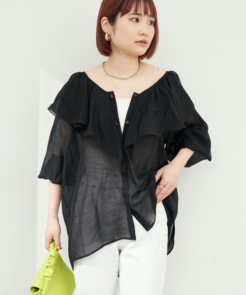 natural couture(ナチュラルクチュール)の「Vあきフリルシアーブラウス(シャツ/ブラウス・レディース・オフホワイト/ブラック/オレンジ・FREE)」の18枚目の写真